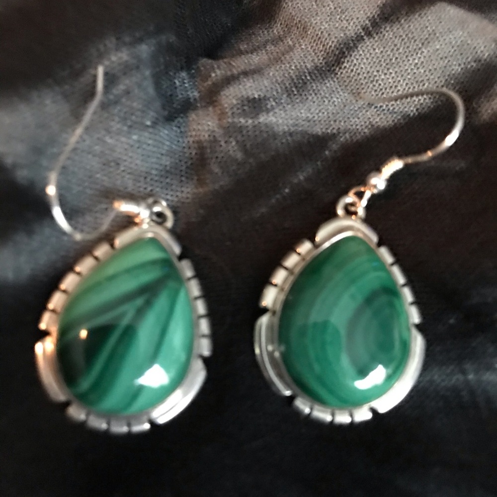 Sterling Silver Teardrop Green Malachite Earrings - Picture 4 of 9